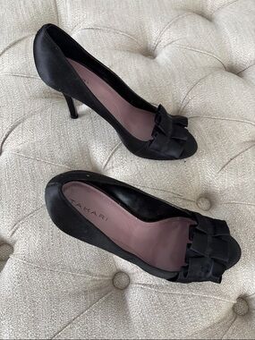 Tahari Black Satin Peep-Toe Heels with Bow Accent